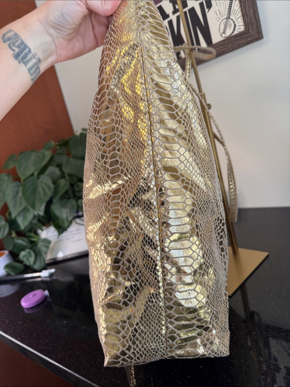 Carlos Falchi Metallic Gold Python-Embossed Tote w/Pouch - Picture 5 of 14